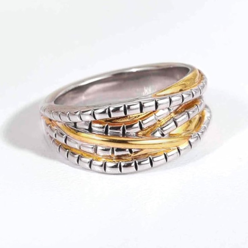 NEW Cross Cable Twist Band Ring 18K Gold Plated Gold & Silver Mixed Metals